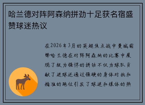 哈兰德对阵阿森纳拼劲十足获名宿盛赞球迷热议